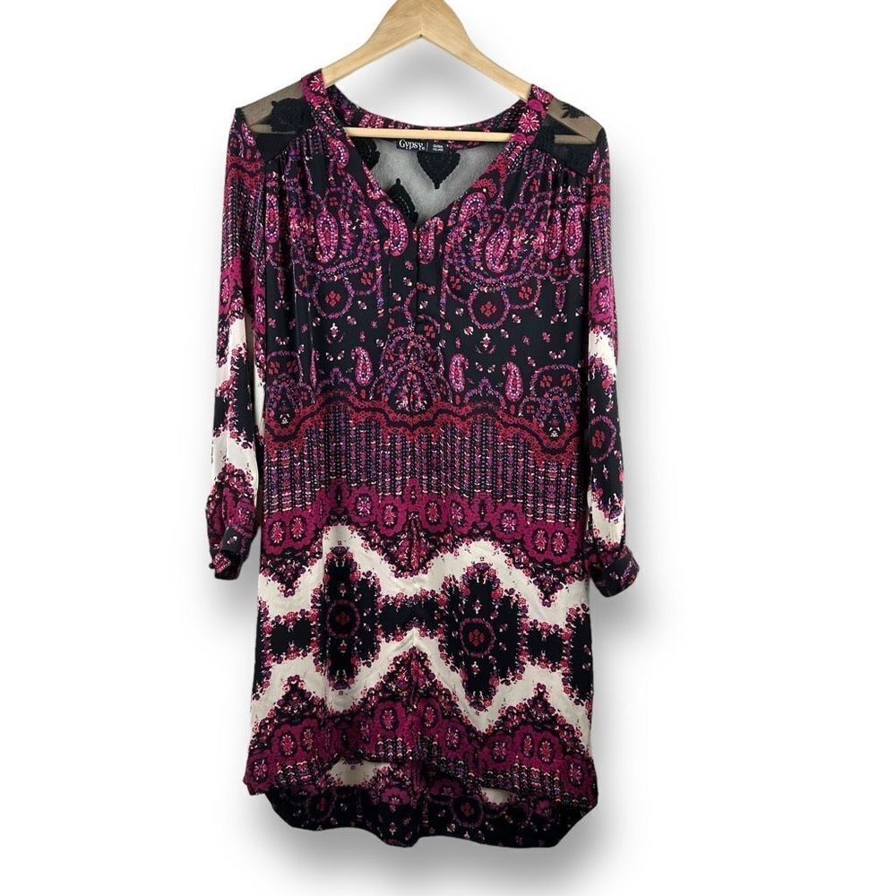 Revolve Gypsy 05 Womens Size M Long Sleeve Boho Dress Pink Red Paisley Silk